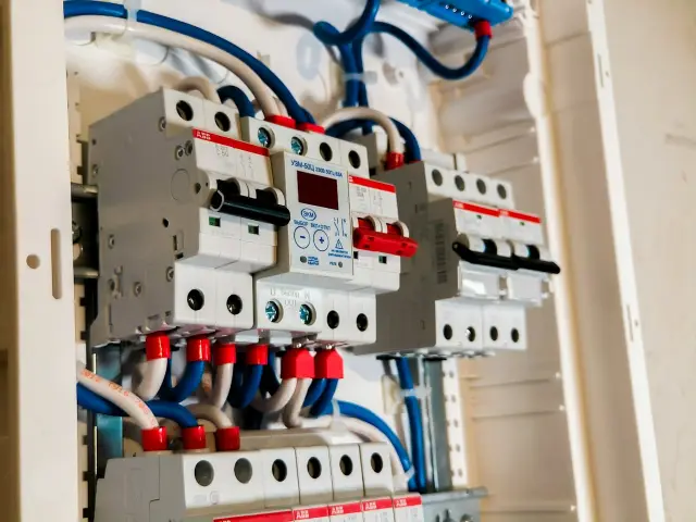Circuit breakers in a neatly wired electrical panel